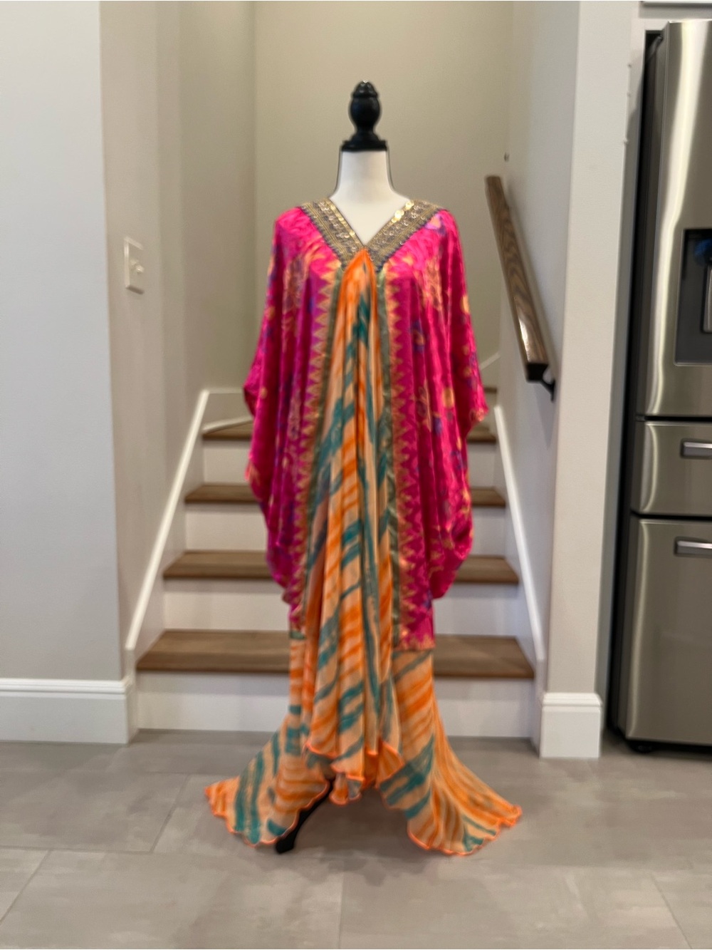 New Doll Pink and Orange Patterned Beaded Caftan